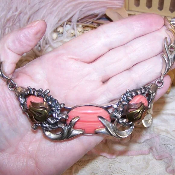 Made in Mexico Mexican 950 Silver and Pink Rhodochrosite Necklace/Clip Earrings - Picture 3 of 13